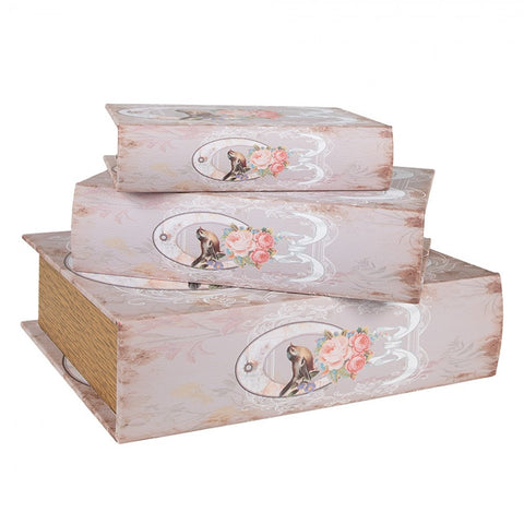 Set 3 Scatole Libro Contenitore Rosa Uccellino e Rose Vintage - Clayre & Eef, 27x22x7 / 22x17x6 / 17x12x4 cm