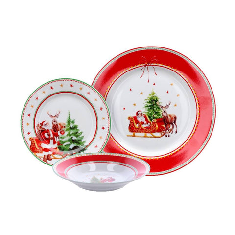 Servizio Piatti Natalizio in Porcellana 18 Pezzi – Babbo Natale con Renna e Albero – Tavola delle Feste