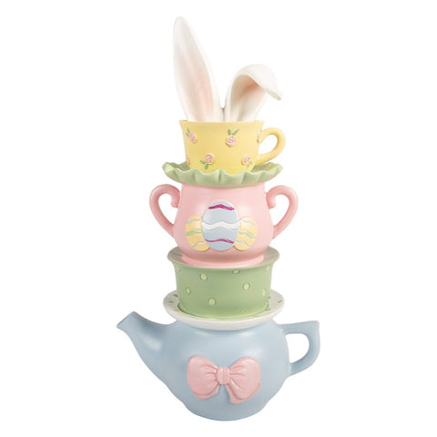 Statuetta Coniglio con Tazze e Teiera Impilate in Plastica Multicolore by Clayre & Eef, 16x11x29 cm