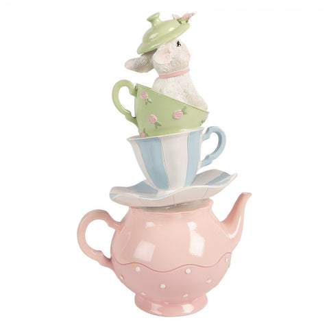 Statuetta decorativa coniglio con teiera e tazze – 16x13x26 cm (bianco, plastica) by Clayre & Eef