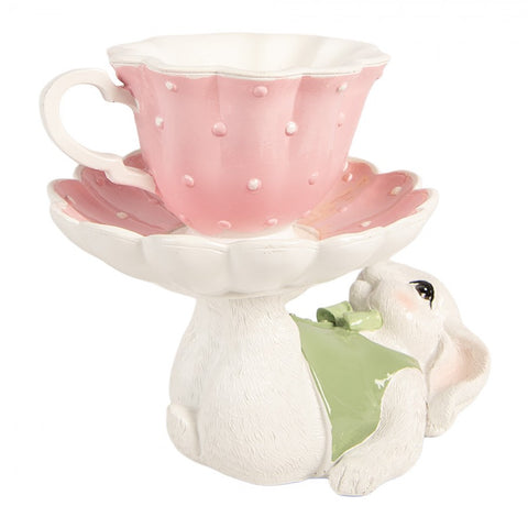 Statuetta decorativa coniglio con tazza – 20x14x17 cm (bianco, plastica) by Clayre & Eef