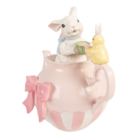 Statuetta decorativa coniglio con tazza e pulcino – 20x14x20 cm (bianco, plastica) by Clayre & Eef