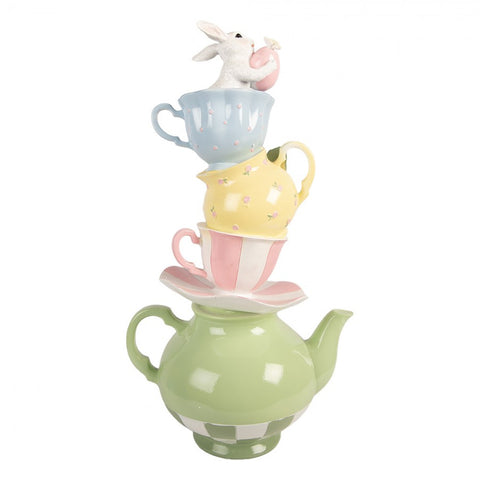 Statuetta decorativa coniglio su teiera con tazze – 25x19x45 cm (verde, plastica) by Clayre & Eef