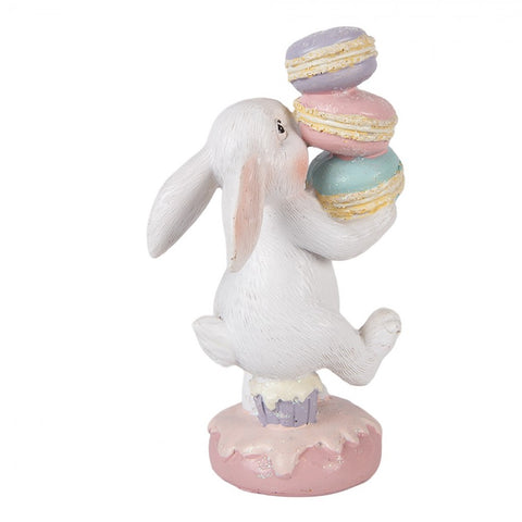 Statuetta decorativa coniglio con macarons – 8x6x14 cm (bianco, multicolore, plastica) Clayre & Eef