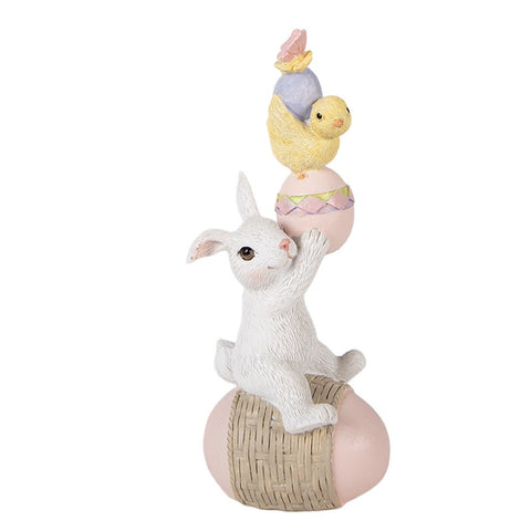 Statuetta decorativa coniglio su uovo con pulcino – 8x6x19 cm (bianco, pastello, plastica) Clayre & Eef