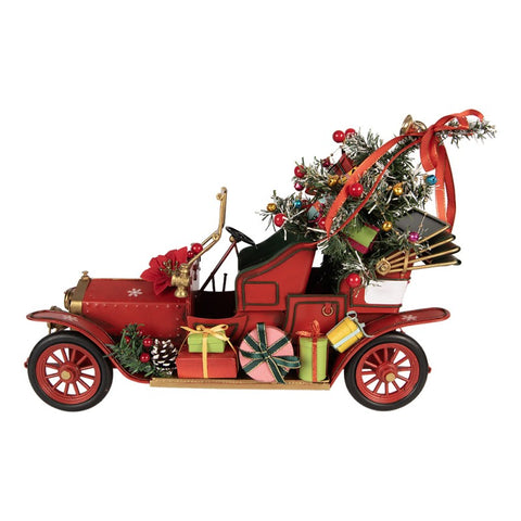 Statuetta Decorativa Natalizia Auto d'Epoca in Metallo Rosso - Clayre & Eef, 38x16x27 cm