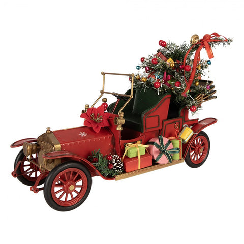 Statuetta Decorativa Natalizia Auto d'Epoca in Metallo Rosso - Clayre & Eef, 38x16x27 cm