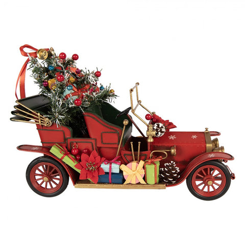 Statuetta Decorativa Natalizia Auto d'Epoca in Metallo Rosso - Clayre & Eef, 38x16x27 cm