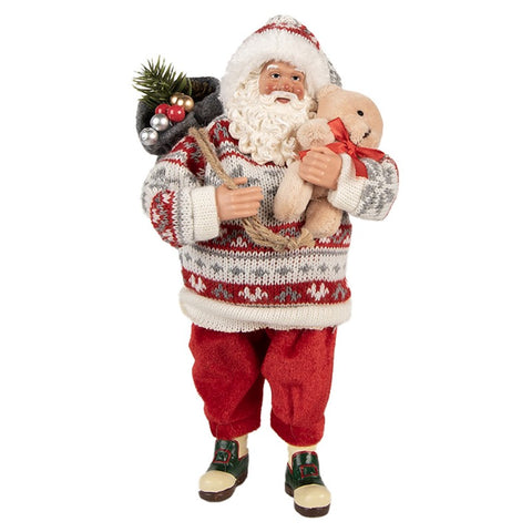 Statuetta Decorativa Babbo Natale con Orsetto e Sacco - Clayre & Eef, 13x10x28cm