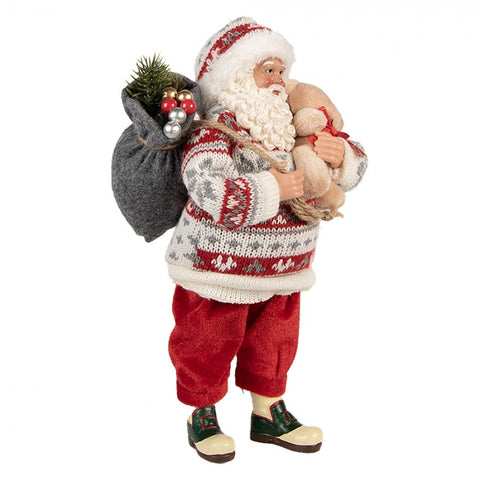 Statuetta Decorativa Babbo Natale con Orsetto e Sacco - Clayre & Eef, 13x10x28cm