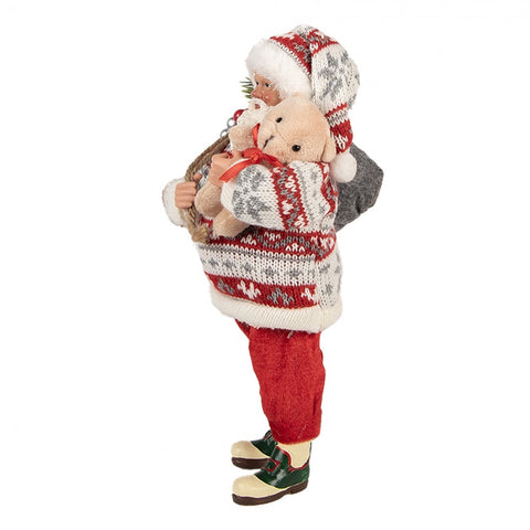 Statuetta Decorativa Babbo Natale con Orsetto e Sacco - Clayre & Eef, 13x10x28cm