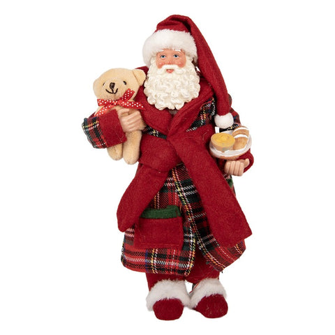 Statuetta Decorativa Babbo Natale Tartan con Orsetto - Clayre & Eef, 16x11x28cm