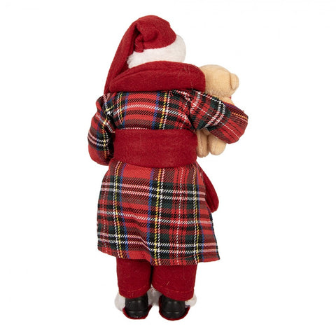 Statuetta Decorativa Babbo Natale Tartan con Orsetto - Clayre & Eef, 16x11x28cm