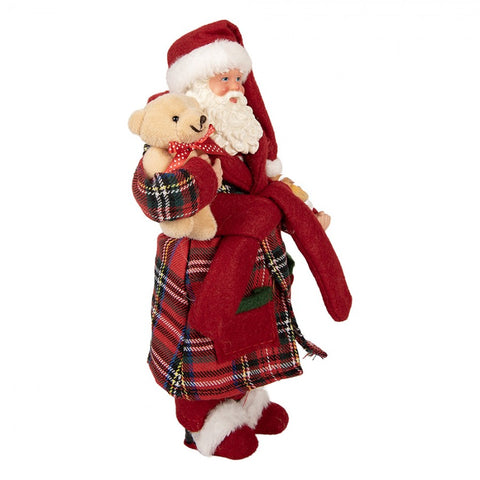 Statuetta Decorativa Babbo Natale Tartan con Orsetto - Clayre & Eef, 16x11x28cm