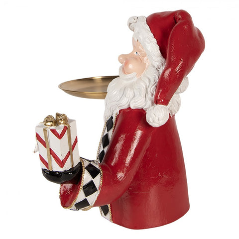 Statuetta Decorativa Natalizia Babbo Natale con Vassoio e Regalo - Clayre & Eef, 35x22x25 cm