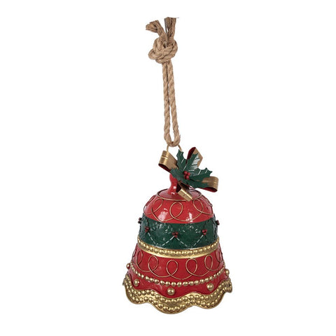 Campana Natalizia Decorativa da Appendere in Metallo Rosso e Oro - Clayre & Eef, Ø 24x31 cm