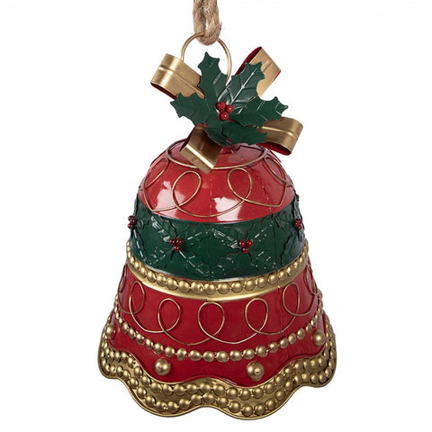 Campana Natalizia Decorativa da Appendere in Metallo Rosso e Oro - Clayre & Eef, Ø 24x31 cm