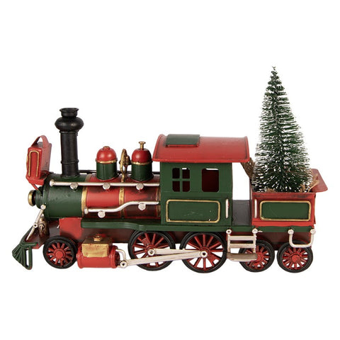 Statuetta Decorativa Natalizia Trenino Locomotiva in Metallo Rosso e Verde - Clayre & Eef, 28x9x17 cm
