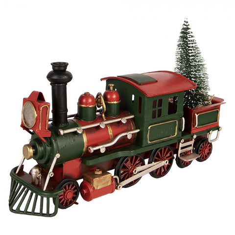 Statuetta Decorativa Natalizia Trenino Locomotiva in Metallo Rosso e Verde - Clayre & Eef, 28x9x17 cm