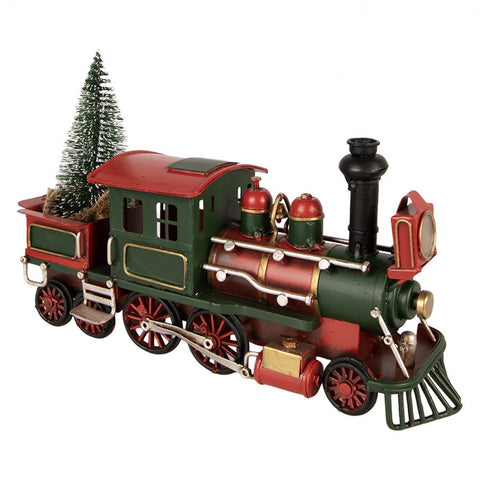 Statuetta Decorativa Natalizia Trenino Locomotiva in Metallo Rosso e Verde - Clayre & Eef, 28x9x17 cm