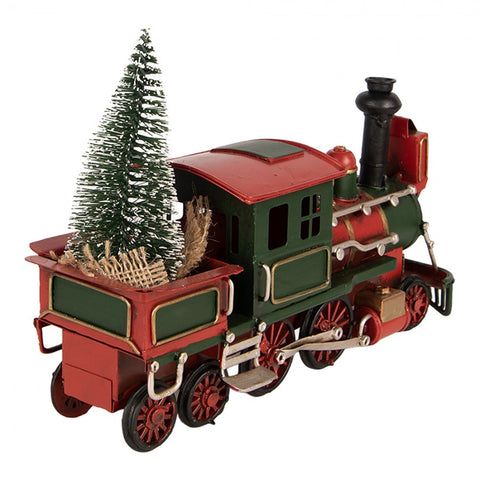 Statuetta Decorativa Natalizia Trenino Locomotiva in Metallo Rosso e Verde - Clayre & Eef, 28x9x17 cm