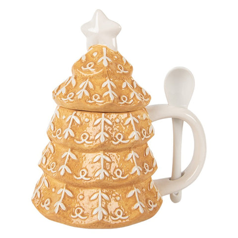 Tazza Albero di Natale con Coperchio e Cucchiaino - Clayre & Eef, 350ml, 16x12x18cm