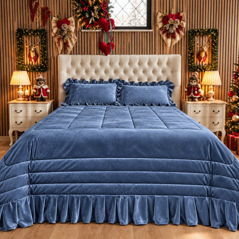 Trapunta matrimoniale in velluto con balza plissettata colore Blu Royal – Kaluka Shabby Chic