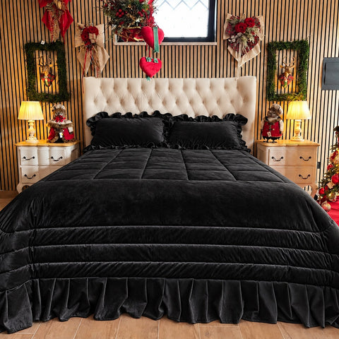 Trapunta matrimoniale in velluto con balza plissettata colore Nero – Kaluka Shabby Chic