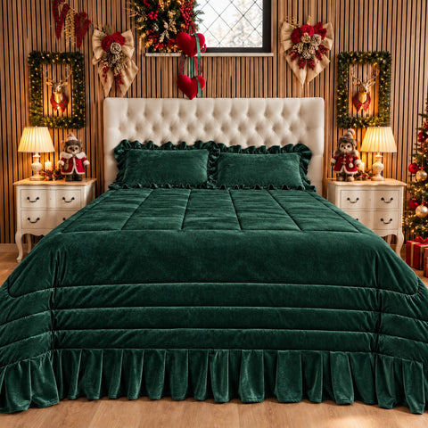 Trapunta matrimoniale in velluto con balza plissettata colore Verde Bottiglia – Kaluka Shabby Chic