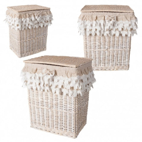 Cesta Portabiancheria “Lace” in Rattan Naturale – Singola con Volant e Fiocco (Grande, Media o Piccola)